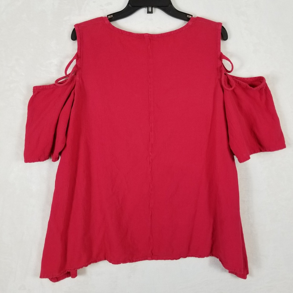Oh My‎ Gauze Red Cold Shoulder Top Cotton Gauze Lagenlook Blouse Size 3 XL - Picture 2 of 7